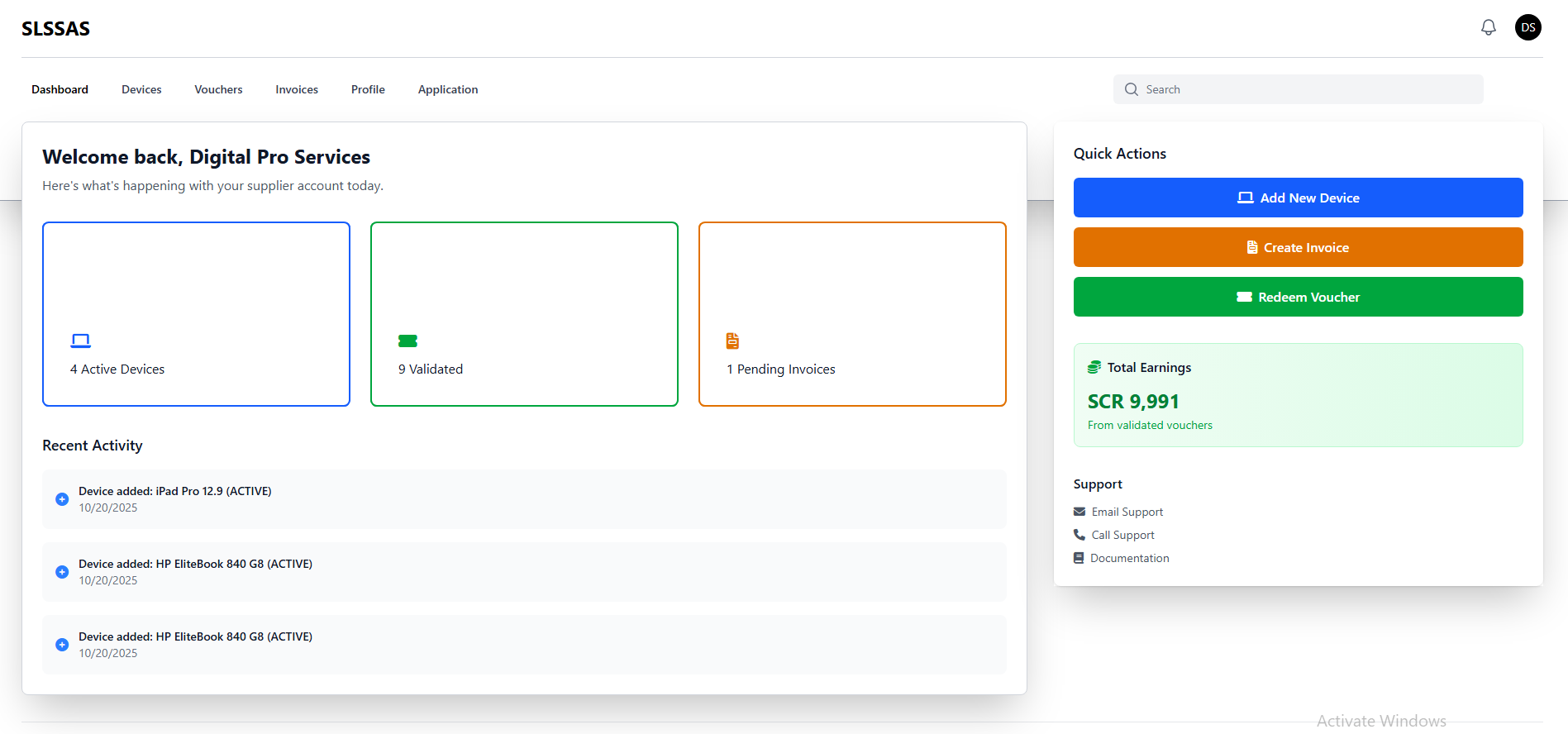 SLSSAS Dashboard Preview - Supplier and Device Management Interface